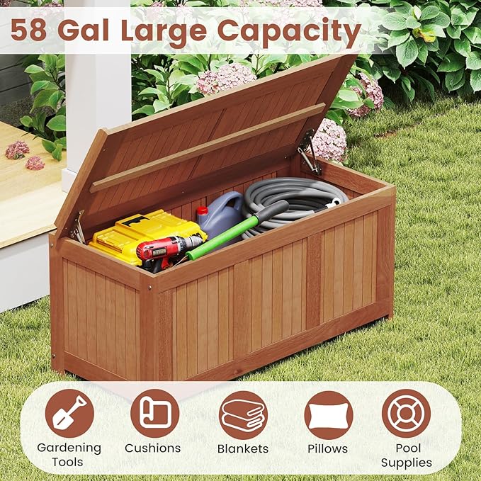 Tangkula 58 Gallon Wood Outdoor Storage Box, 3-in-1 Patio Storage Bench with Flip Top for Cushions, Pool Supplies, Gardening Tools, Outdoor Deck Box for Garden, Backyard, Poolside