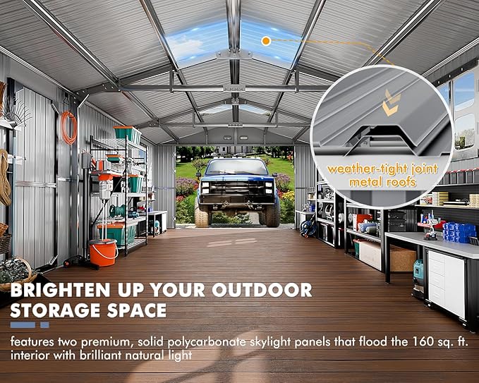 Metal Garage Shed 13x20x8.5' with Floor Kit, Large Outdoor Storage Building Ultra-Reinforced Truss System, with Skylights Dual-Entry Steel Carport Workshop for Car Boat Big Tool Organization