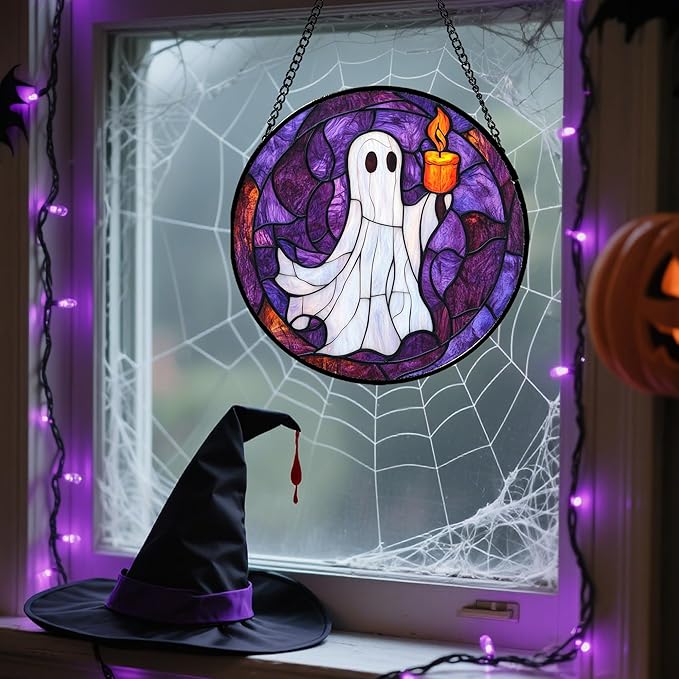 Stained Glass Window Hanging - Halloween Decorations Ghost Suncatcher for Doors Garden Indoor Spooky Funny Purple Sun Catchers Gothic Decor Horror Gifts for Women Men Friend 15 in