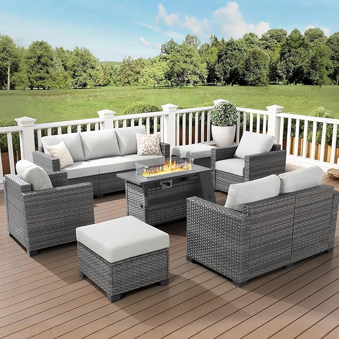 ABCASA Patio Furniture Set with Fire Pit Table, 44'' 60,000 BTU Flame Comfortable 10 Pieces Wicker Rattan Outdoor Furniture Set w/Soft Cushion, Patio Conversation Sets for Porch,Deck,Poolside,Grey