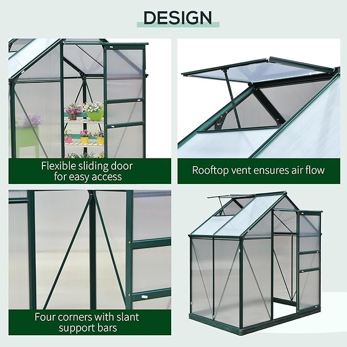 Outsunny 6' x 4' Greenhouse for Outdoors, Polycarbonate Greenhouse with Rain Gutter and Roof Vent, Aluminum Walk-in Green Houses for Outside for Patio Backyard Garden, Dark Green