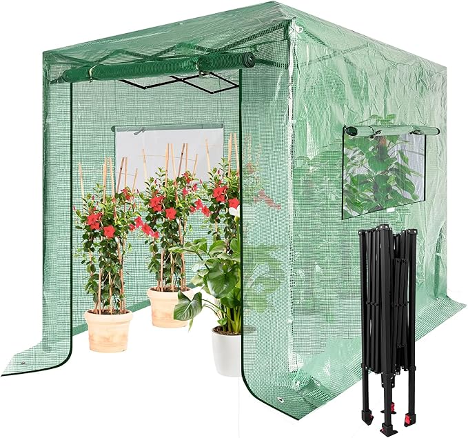VIVOSUN 8'x6' Portable Walk-in Greenhouse with PE Cover, Instant Pop-up and Walk-in Folding, Roll-Up Zipper Entry Doors and 2-Side Viewing Windows, Easy Setup for Plants Outdoor