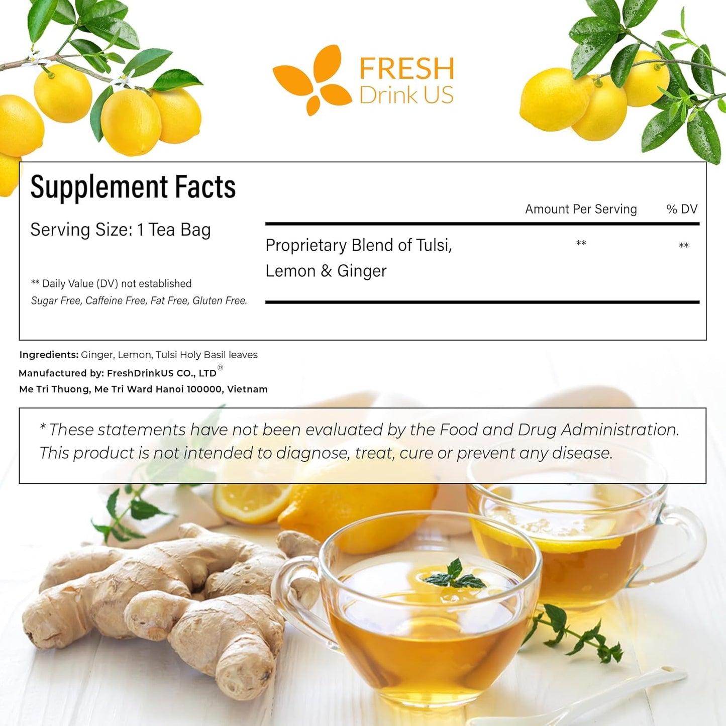 FreshDrinkUS, Premium 75 Tulsi Lemon Ginger Tea Bags, 100% Natural & Pure from Tulsi Holy Basil Leaves, Lemon and Ginger. Made with Natural Material Tea Bags. No Sugar, No Caffeine, Vegan.