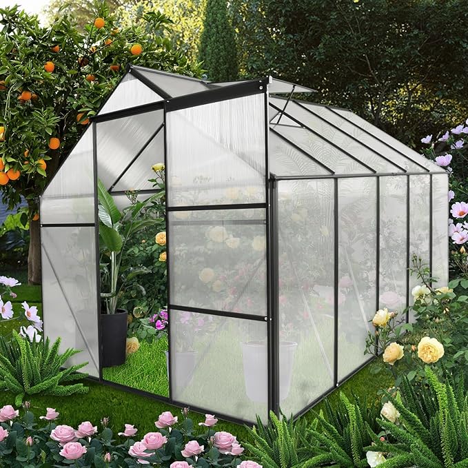 6x10 FT Polycarbonate Greenhouse,Heavy Duty Walk-in Garden Plants Green House,Adjustable Roof,Raised Base and Sliding Door for Outdoor Backyard,Easy to Install,Black