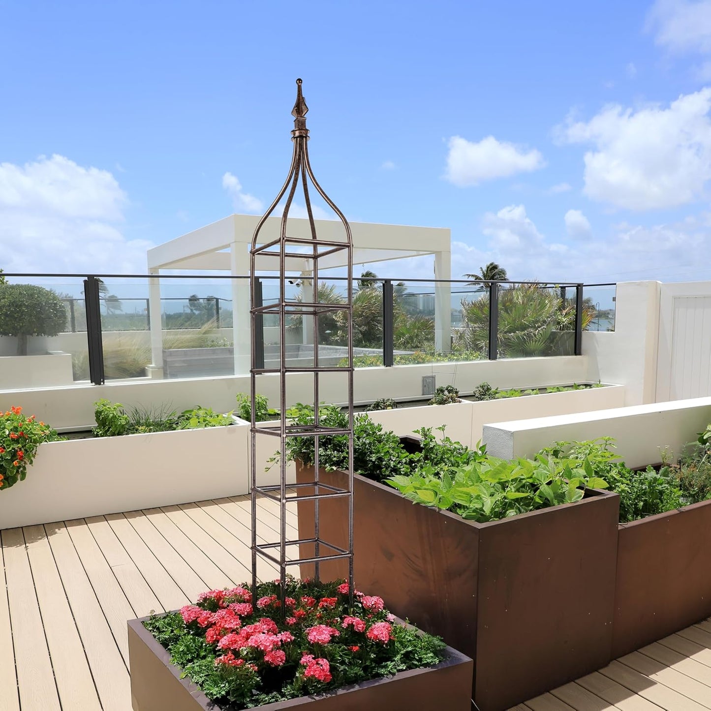 H Potter Trellis Obelisk Tall Metal Garden Decor Vertical Yard Art for Roses Climbing Plants Weather Resistant Wrought Iron Ornamental (Charcoal Brown, 6 Foot)