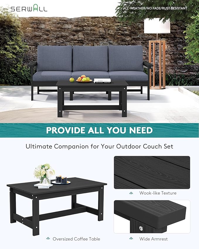 SERWALL HDPE Patio Sofa Set, 4-Piece Sectional Outdoor Furniture Set, All Weather Outdoor Couch Set Patio Furniture Set for Deck, Lawn, Black Frame with Grey Cushion