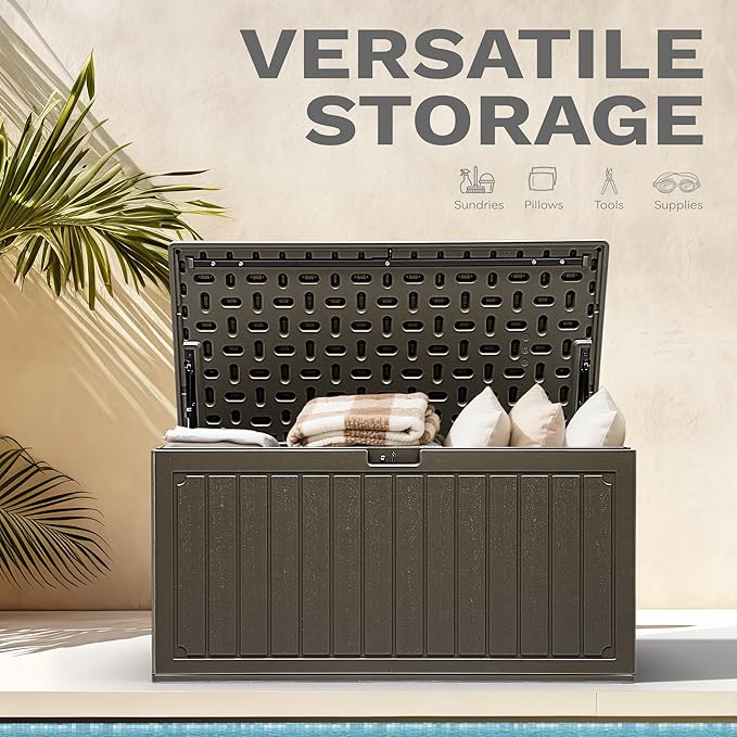 DWVO 90 Gallon Resin Outdoor Storage Box, XXL Double-Wall Waterproof Deck Box, Doubles as Table or Seating with 450 lbs Capacity, Lockable (Light Brown)