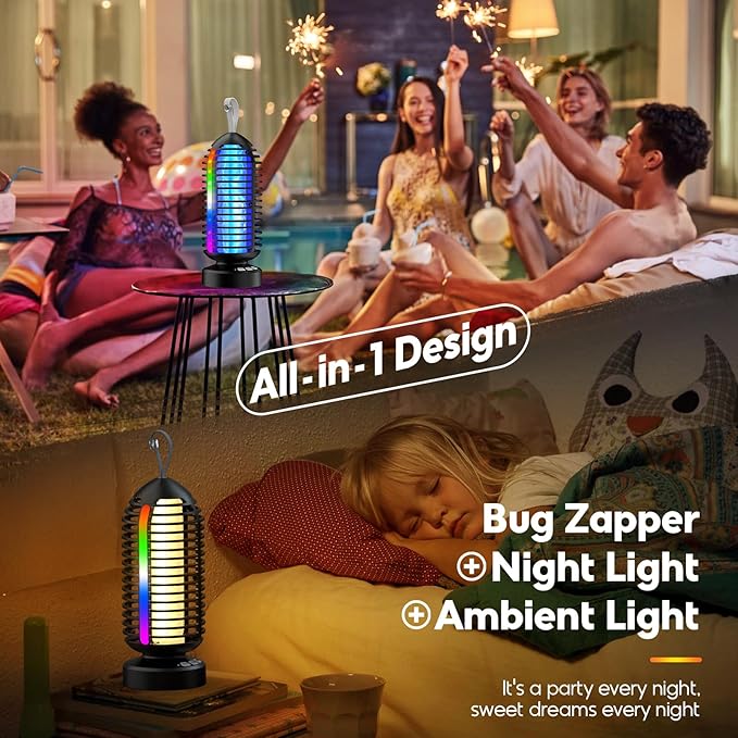 Bug Zapper with Marquee Light, Mosquito Zapper Indoor Outdoor, 4000mAh, Smart Auto On/Off Rechargeable Fly Zapper, Portable Waterproof Insect Killer for Home, Kitchen, Patio, Camping - 2Packs, 2Colors