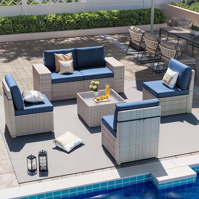 6 Pieces Patio Furniture Set, Outdoor Sectional Wicker Sofa with Thickened Cushions and Coffee Table, High Back Rattan Patio Conversation Sets for Garden Backyard, Navy