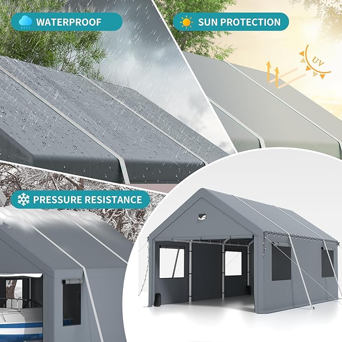 10x20FT Heavy Duty Carport Canopy,Extra Large Portable Car Tent Garage with Roll-up Windows and All-Season Tarp Cover,Removable Roof&Side Walls for Car,SUV,Boats&Truck Shelter Logic Storage