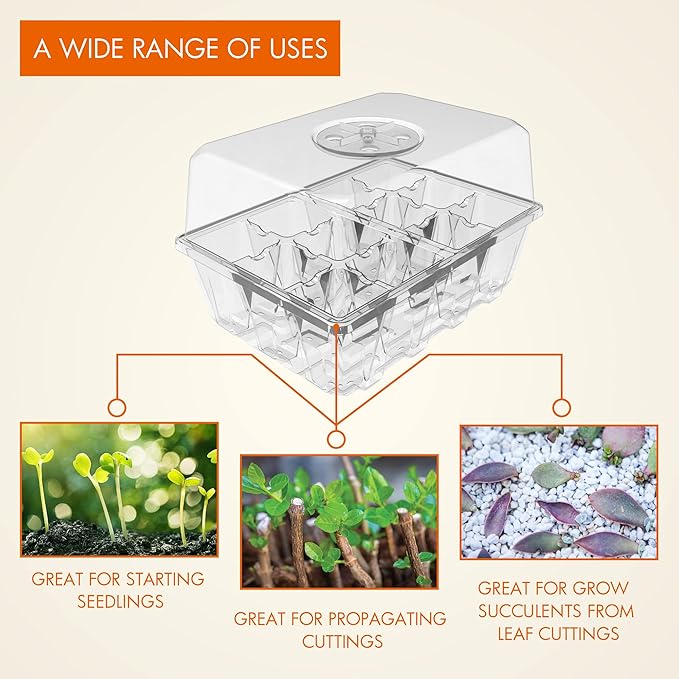 Gardzen 10 Pack Seed Starting Tray, Plant Germination Trays, Seed Starter Kit with Adjustable Humidity Vented Dome and Clear Base, Plant Growing Kit 6.6" x 4.5", Total 120-Cell, Clear