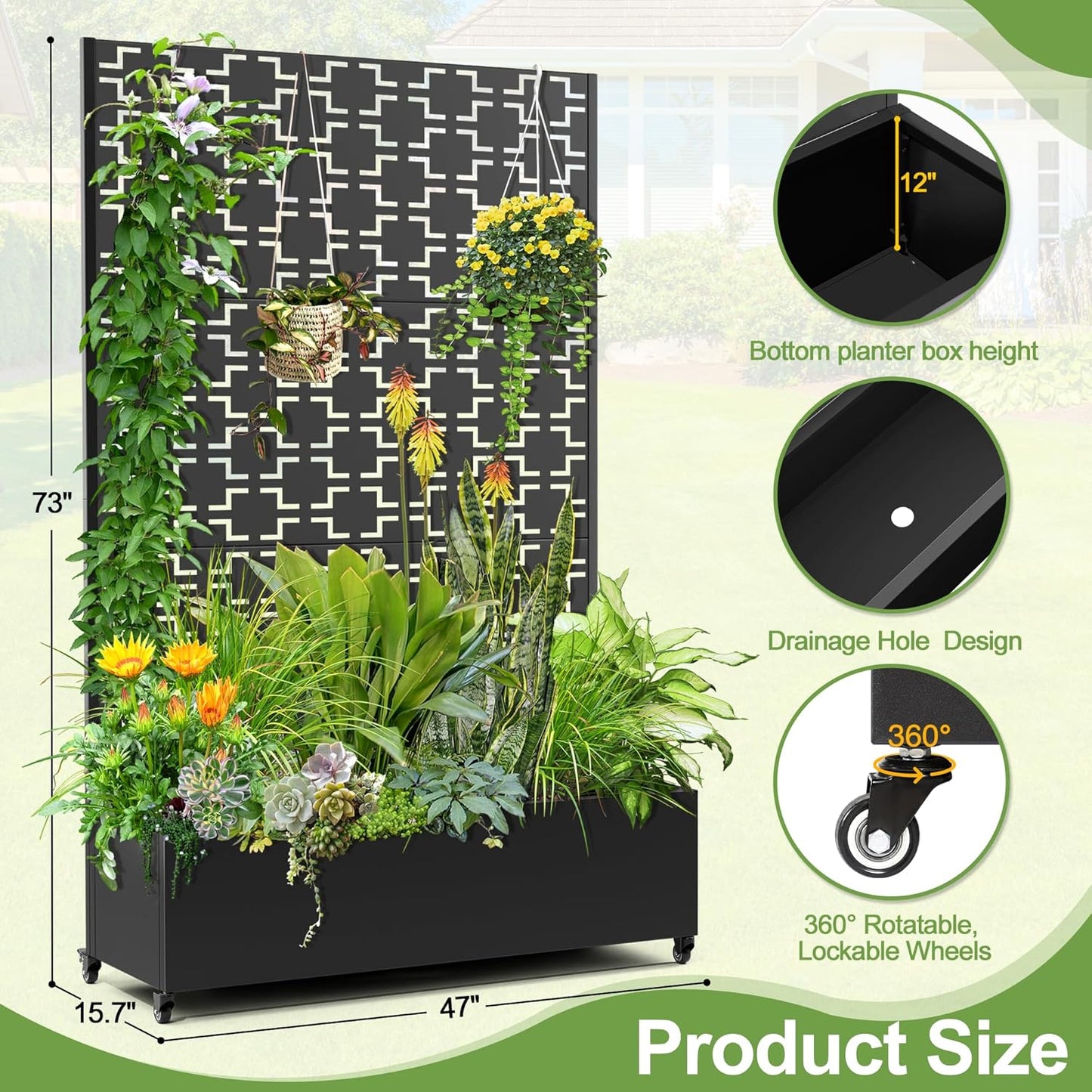 Raised Garden Bed with Trellis and Wheels,73"x47"x16" Metal Raised Garden Bed,Black Squared Metal Planter with Climbing Trellis for Vines & Vegetables