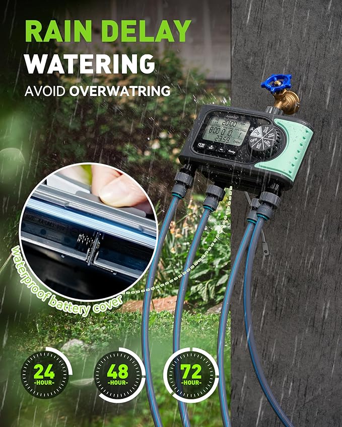 RAINPOINT Sprinkler Timer, 4 Outlets Hose Timers, 4 Zone Water Timer for Watering with Rain Delay/Manual/Automatic Timed Irrigation Controller System for Lawn