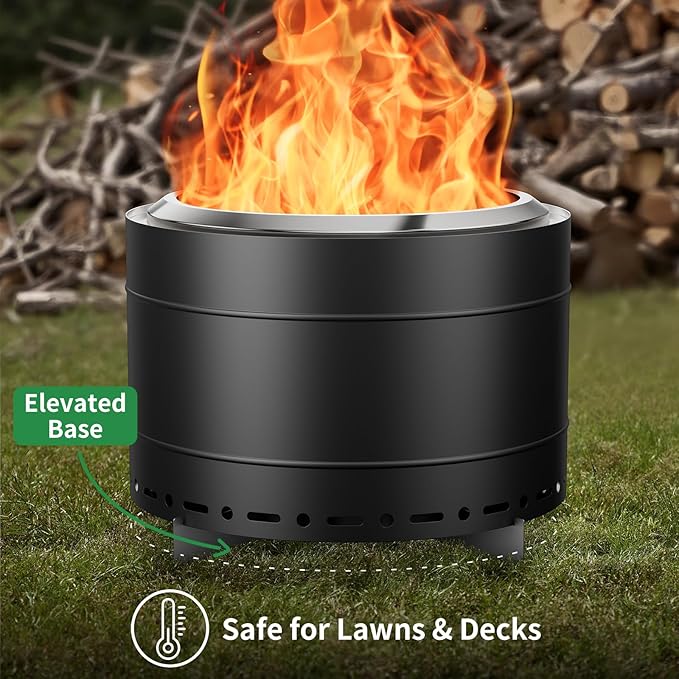 22 inch Smokeless Fire Pit with Carry Bag, Stainless Steel Outdoor Smokeless Firepit, Wood Burning Fire Pits for Camping, Bonfire,Low Smoke Firepit for Outside(Black)