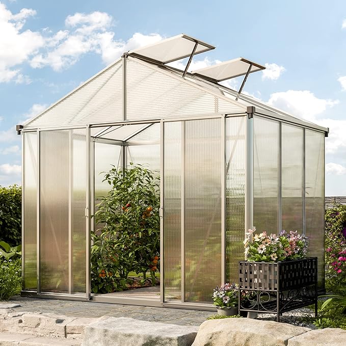 Greenhouse Rubin 3 Aluminum Frame 8.6 x 6.4 ft with Approx. 10 mm Polycarbonate Panels - with 2 Extra Skylights and 4 Automatic Window Openers