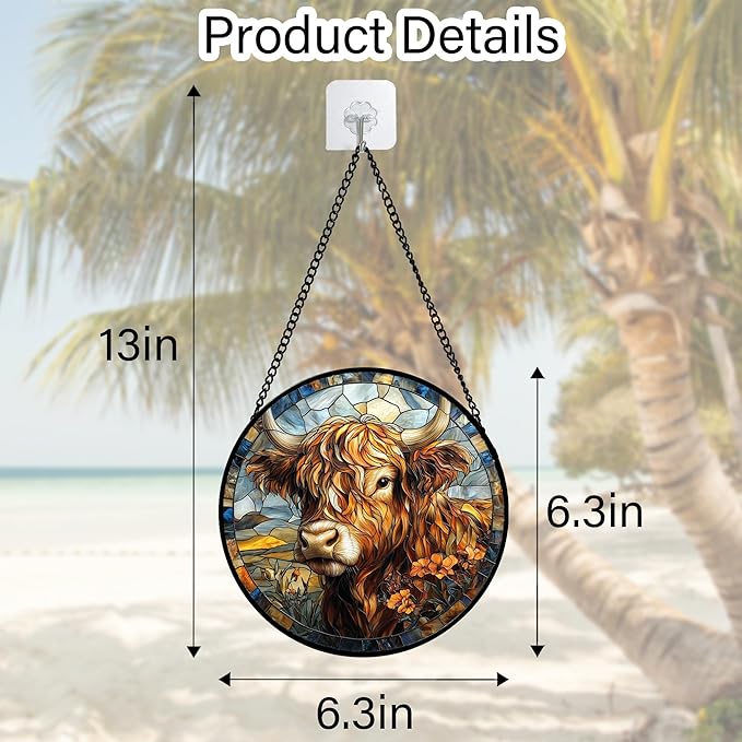 Stained Glass Window Hanging - Funny Cow Flower Suncatcher Ready to Hang Window Doors Home Decoration and Christmas, Mother's Day Birthday Gifts for Women, Men, and Mom 6.3x6.3 in