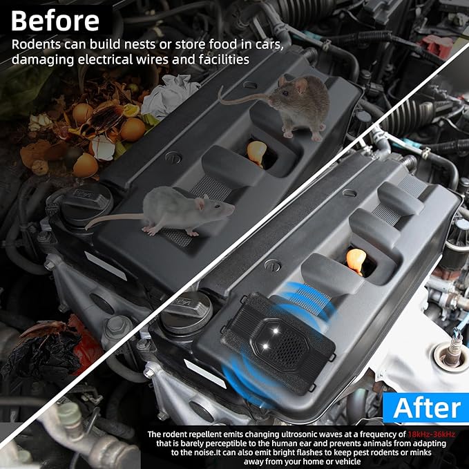 4 Pack Rodent Repellent for Car Engines, Mouse Repellent Ultrasonic Plug-in, Battery Operated Car Rodent Deterrent Under Hood, Keep Mice Rat Squirrel Out of Car, Attic, Garage, Barn, Indoor, Outdoor