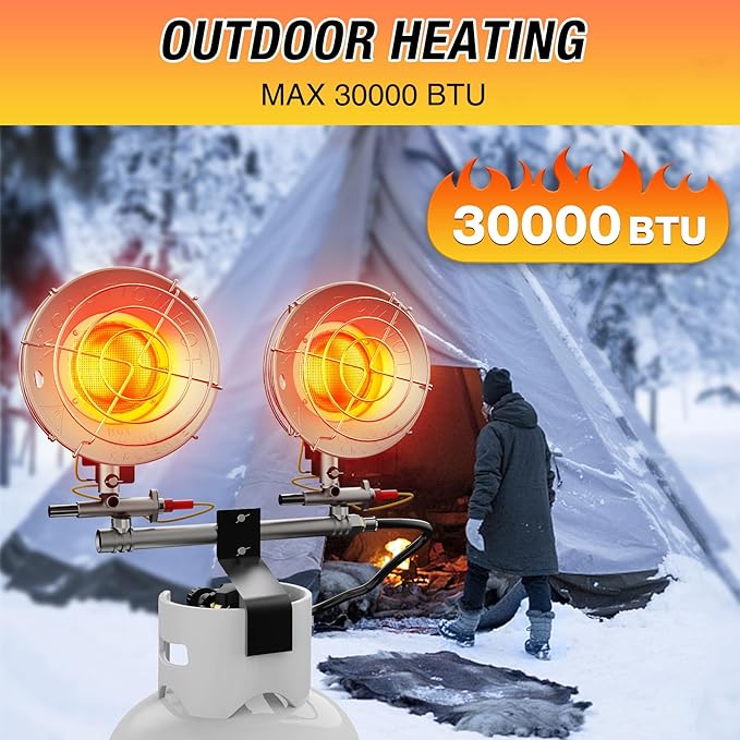 Propane Heater Outdoor, 30000 BTU Double Tank Top Cordless Radiant Gas Heater, Safety Shut-off Valve and 6 Settings for Patio, Camping, Fishing, Garage
