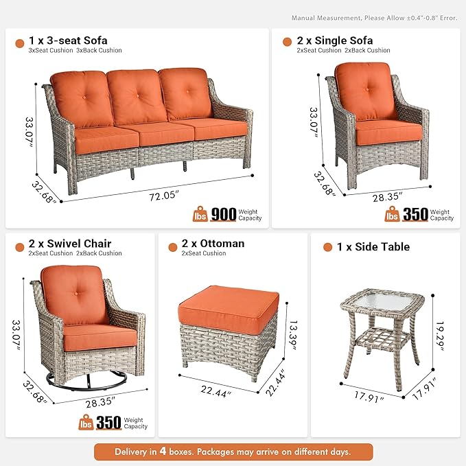 8 Pieces Patio Outdoor Furniture Set with Swivel Rocking Chairs,All Weather Wicker Rattan Patio Seating Sofa and Chair Set w/Ottoman,Outdoor Conversation Sets for Deck Yard Garden,Red