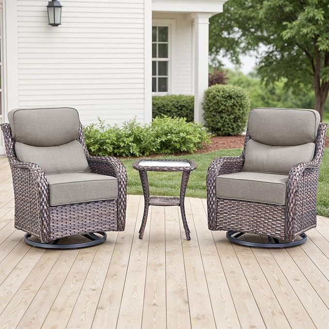 Outdoor Patio Swivel Rocker Chairs Set of 2, Waterproof Wicker, High Back, Deep Seating, Wide Armrest, Upgraded 6 inch Thick Cushions, Side Table, Ideal for Deck Porch Yard, Brown/Beige