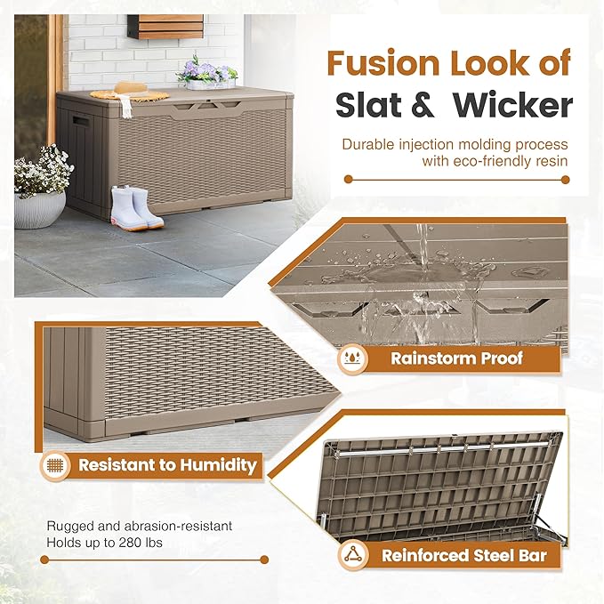 Greesum 100 Gallon Resin Patio Storage Box for Garden Tools, Outdoor Furniture Cushions, Pool Supplies, Light Brown