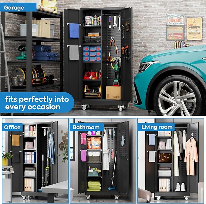 Broom Closet Storage Cabinet with Wheels and Pegboard,Garage Storage Cabinet with Lockable and Magnetic Doors,Adjustable Shelves for Garage Home Office,Required Assembly,17.7"D*33.5"W*70.87"H