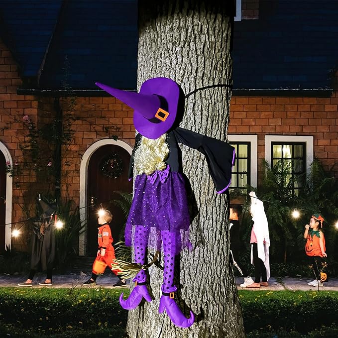 53" Purple Crashing Witch Halloween Decorations - Funny Flying Witch Prop for Yard, Porch, Tree, Patio, Door – Large Outdoor Halloween Witch Tree Decor for Garden, Fence, and Haunted House