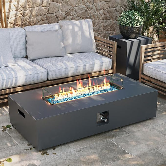 UPHA 56-inch Outdoor Propane Gas Fire Pit Table 50000 BTU Iron Rectangle Firepit for Outside Patio with Tank Hidden Table, Wind Guard, Removable Lid, Blue Glass Rocks, Rain Cover, Dark Grey