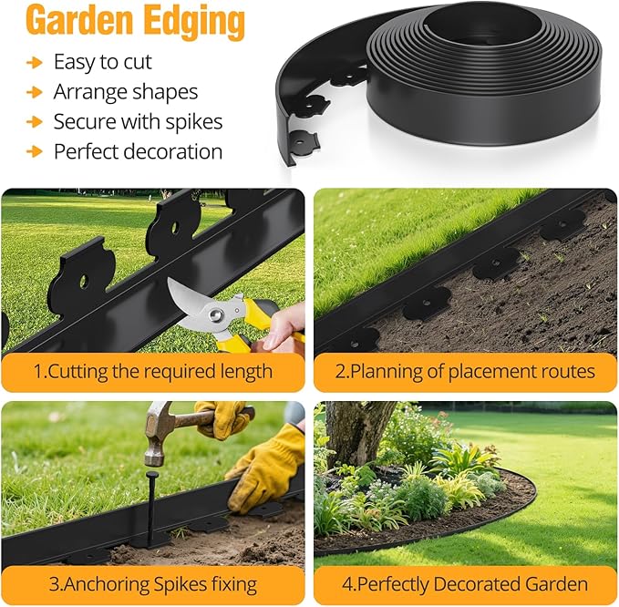 40FT No-Dig Landscape Edging, 2 Inch Tall Heavy Duty Plastic Garden Edging Border with 40 Anchoring Spikes for Lawn, Flower Bed & Decorative Yard (Black)