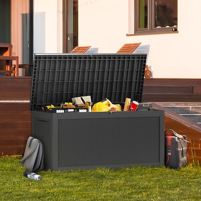 320 Gallon Waterproof Large Resin Deck Box Indoor/Outdoor Lockable Storage Container and Seating for Garden, Pool, and Patio (320 Gallon, Black)