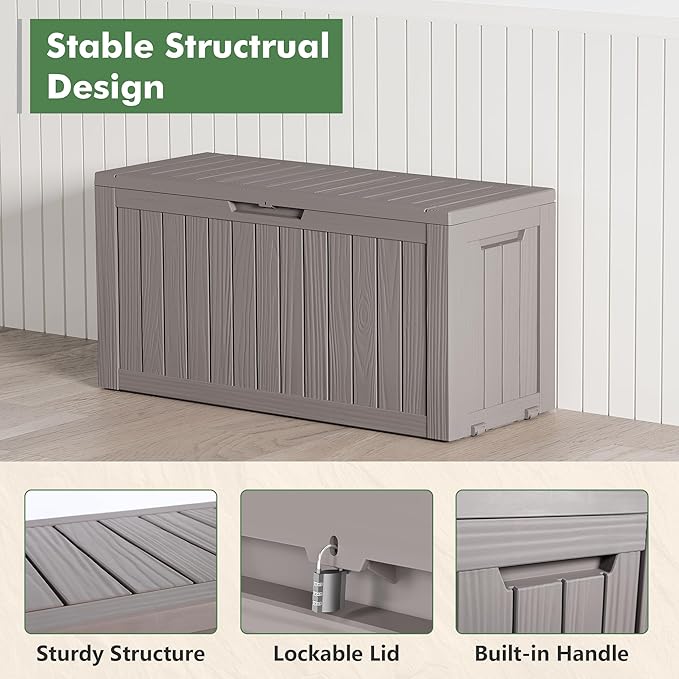 NUNU LAB 76 Gallon Deck Box, Large Resin Outdoor Storage Box, Waterproof Patio Storage Container with Double Wall Panels for Cushions, Garden Tools, Pool Toys, and Packages,Grey