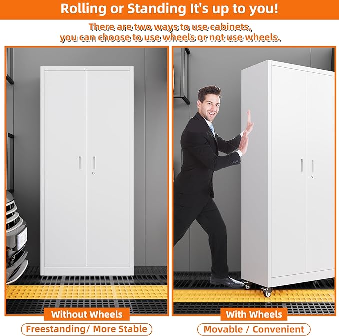 Metal Storage Cabinet with Wheels, Garage Storage Cabinet with 4 Adjustable Shelves and Pegboard for Garage Home Office Utility Room,73" H×31.57" W×15.71" D,Required Assembly,White