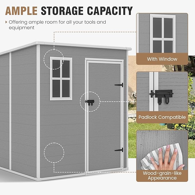 Outdoor Storage Shed, 6x6 FT Resin Shed with Floor and Lockable Door, Window & Vents, Tool Sheds & Outdoor Storage for Bike, Tools, Garden Accessories, Waterproof Grey White