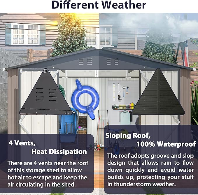 10X8 FT Outdoor Storage Shed, All Weather Metal Sheds with Lockable Doors, Tool Shed for Garden, Patio, Backyard, Lawn (Brown, 10x10ft)