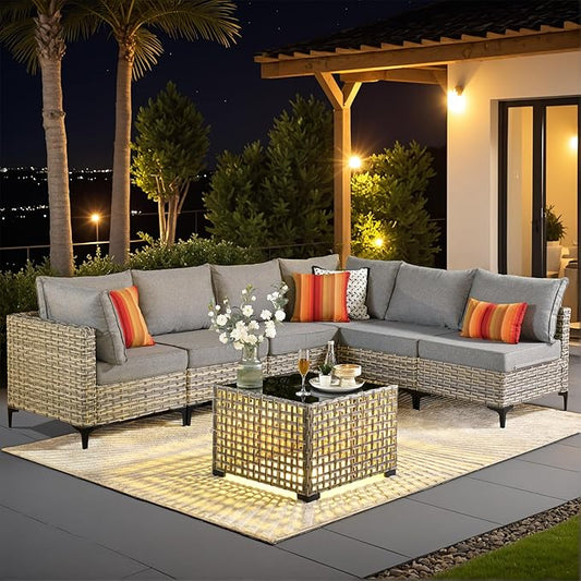 Outdoor Sectional Patio Furniture Set with Glowing Table,7 Pieces Wicker Conversation Sets L Shaped Couch Out Door Sofa Set Outside Furniture for Garden Deck Yard Porch,Dark Grey