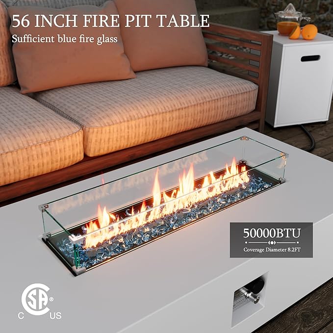 UPHA 56-inch Outdoor Propane Gas Fire Pit Table 50000 BTU Iron Rectangle Firepit for Outside Patio with Tank Hidden Table, Wind Guard, Removable Lid, Blue Glass Rocks, Rain Cover, White