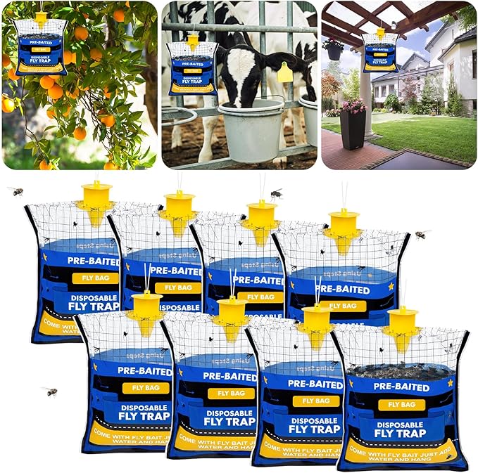 8 Fly Traps Hanging Outdoor, Natural Pre-Baited Fly Bag Outdoor Disposable, Fly Catcher, Killer, Hunter, Stable, Farm, Barn, Ranch, Fly Trap for Mosquitoes