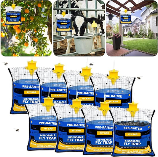 8 Fly Traps Hanging Outdoor, Natural Pre-Baited Fly Bag Outdoor Disposable, Fly Catcher, Killer, Hunter, Stable, Farm, Barn, Ranch, Fly Trap for Mosquitoes