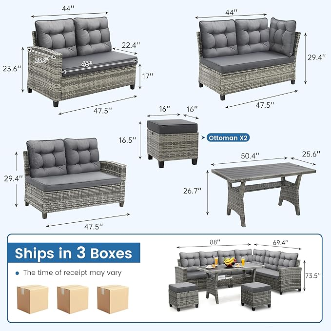 6-Piece Outdoor Patio Furniture Set - Sectional Sofa, Dining Table & Chairs Included, All-Weather Dining Set with Ottoman, Grey Wicker and Grey Cushions