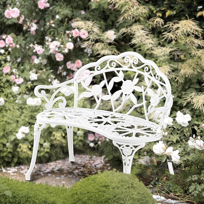VINGLI 38.5" Patio Park Garden Outdoor Metal Rose Bench,Cast Iron Cast Aluminium Frame Antique Finish Chair,Accented Lawn Front Porch Path Yard Decor Deck Furniture for 2 Person Seat（White