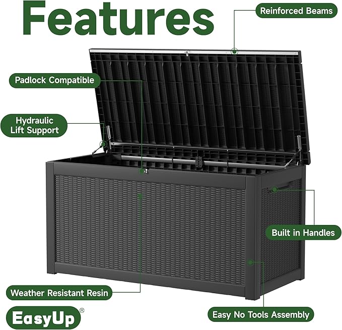 260 Gallon Outdoor Storage Box Waterproof, UV Resistant Resin Deck Box with Hydraulic Rod, Reinforced Stability for Patio, Garden, Rattan Black