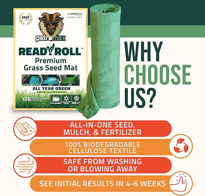 Petramax ReadyRoll Biodegradable Grass Seed Mat for Lawn (108 ft.) - All Year Green 3-in-1 Tall Fescue & Kentucky Grass Seed Rolls w/Mulch & Fertilizer - Lawn Repair Patch - Just Roll, Water, Grow