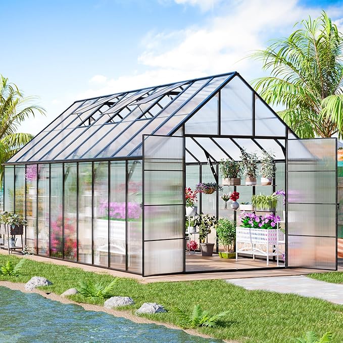CDCASA 20x10x10 FT Greenhouse for Outdoors, Easy Assembly Large Thicker Aluminum Heavy Duty Polycarbonate Greenhouses Kit w/4 Vent Window, Swing Door, Walk-in Green House for Sunroom Patio,Backyard