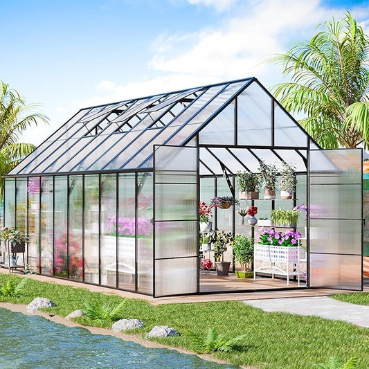 CDCASA 20x10x10 FT Greenhouse for Outdoors, Easy Assembly Large Thicker Aluminum Heavy Duty Polycarbonate Greenhouses Kit w/4 Vent Window, Swing Door, Walk-in Green House for Sunroom Patio,Backyard