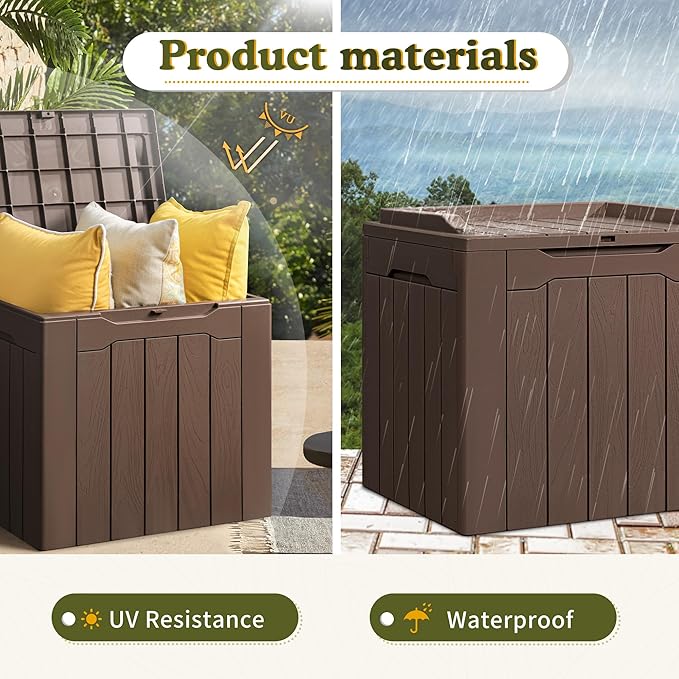 Devoko 31 Gallon Waterproof Outdoor Storage Box Resin Deck Box Lockable and UV Resistant for Patio Furniture,Garden Tools (Brown)
