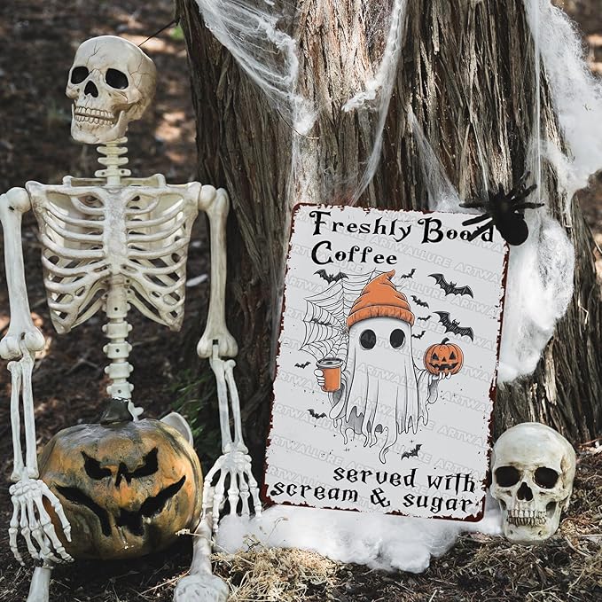 Halloween Rustic Metal Tin Sign Freshly Boo’d Coffee Vintage Fall Decor Retro Tin Plaque Kitchen Wall Art Metal Poster Home Iron Painting Wall Decor 12x16inch