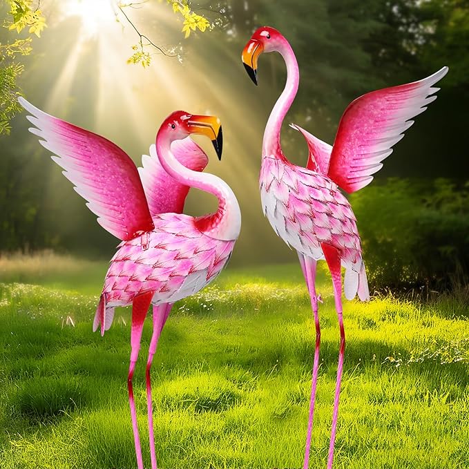 MUMTOP Flamingo Garden Statues for Outside, 2 Pack Flamingos Garden Sculpture Statue, Large Bird Yard Art for Backyard Pond Patio Porch Decoration
