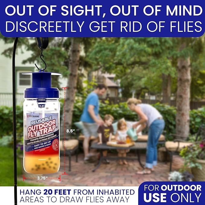 2 Fly Traps Outdoor Fly Trap for Patio with 4 Non-Toxic Dissolvable Bait Refills Plus 5 Sticky Ribbons. Reusable Hanging Bug Catcher Killer for All Filth Flies for Outside Bug Control Yard Ranch.