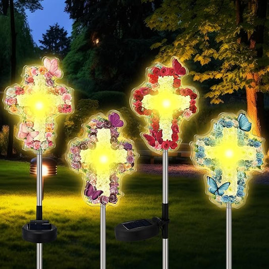 Retisee 4 Pack Halloween Decoration Flowers Cross Garden Stake Solar Lights Outdoors Cemetery Yard Decor Jesus Cross Sympathy Memorial Gift Waterproof for Garden Lawn Patio Pathway Decor