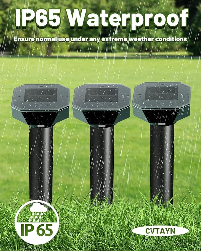 Snake & Mole & Rabbit & Skunk Repellent Solar Powered, 2025 Upgraded Ultrasonic Deterrent, IP65 Waterproof, Gopher Groundhog Chipmunk Raccoon and Vole Repellent & Deterrent for Lawn & Garden, 4 Pack